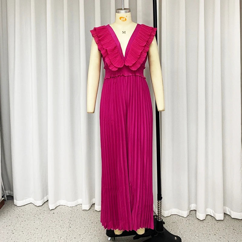 Wefads Jumpsuit Summer Elegant Women's Solid Color Sleeveless V-Neck Ruffled Backless Nipped Waist Wide Leg Loose Pleated Rompers