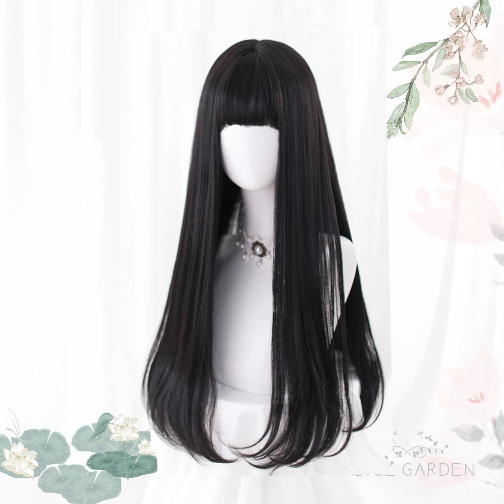 AS Long Straight Black Synthetic Wig For Women With Bangs Black Cosplay Lolita Wigs Heat Resistant Natural Hair