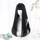 AS Long Straight Black Synthetic Wig For Women With Bangs Black Cosplay Lolita Wigs Heat Resistant Natural Hair