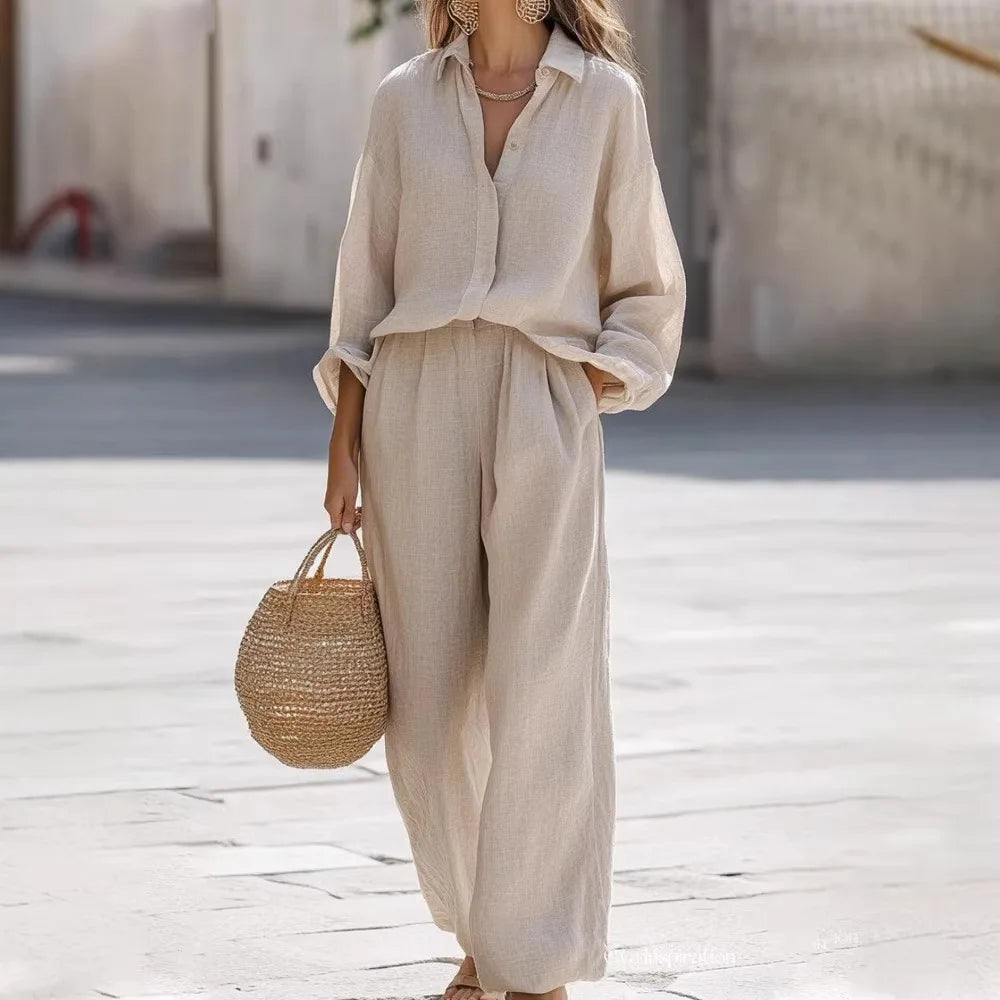 2 pieces women sets 2026 New casual lapel long-sleeved shirt+long pants cotton suit sets women's clothing