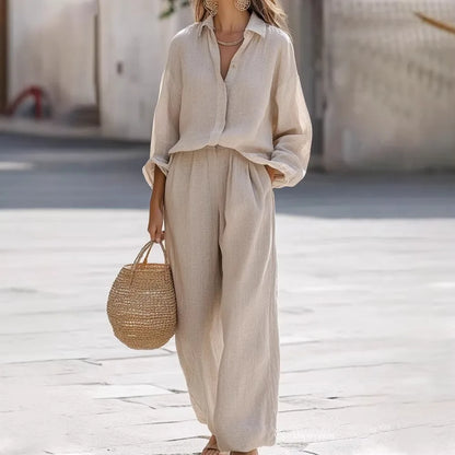 2 pieces women sets 2026 New casual lapel long-sleeved shirt+long pants cotton suit sets women's clothing
