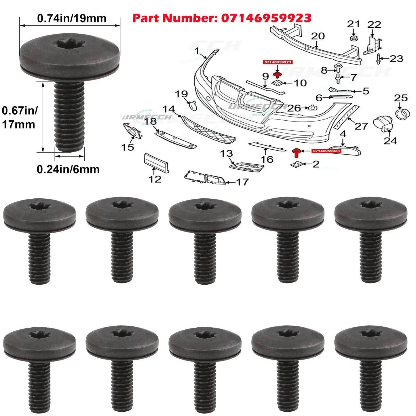 Tornillo de cabeza Torx T30 para BMW Serie 1, 3, 5 y 6, soporte de faro delantero, soporte superior central del radiador, M6 x 18, 07146959923