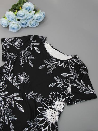 Vestido feminino plus size de manga curta com gola redonda, saia longa estampada floral, saia casual de praia, bainha grande