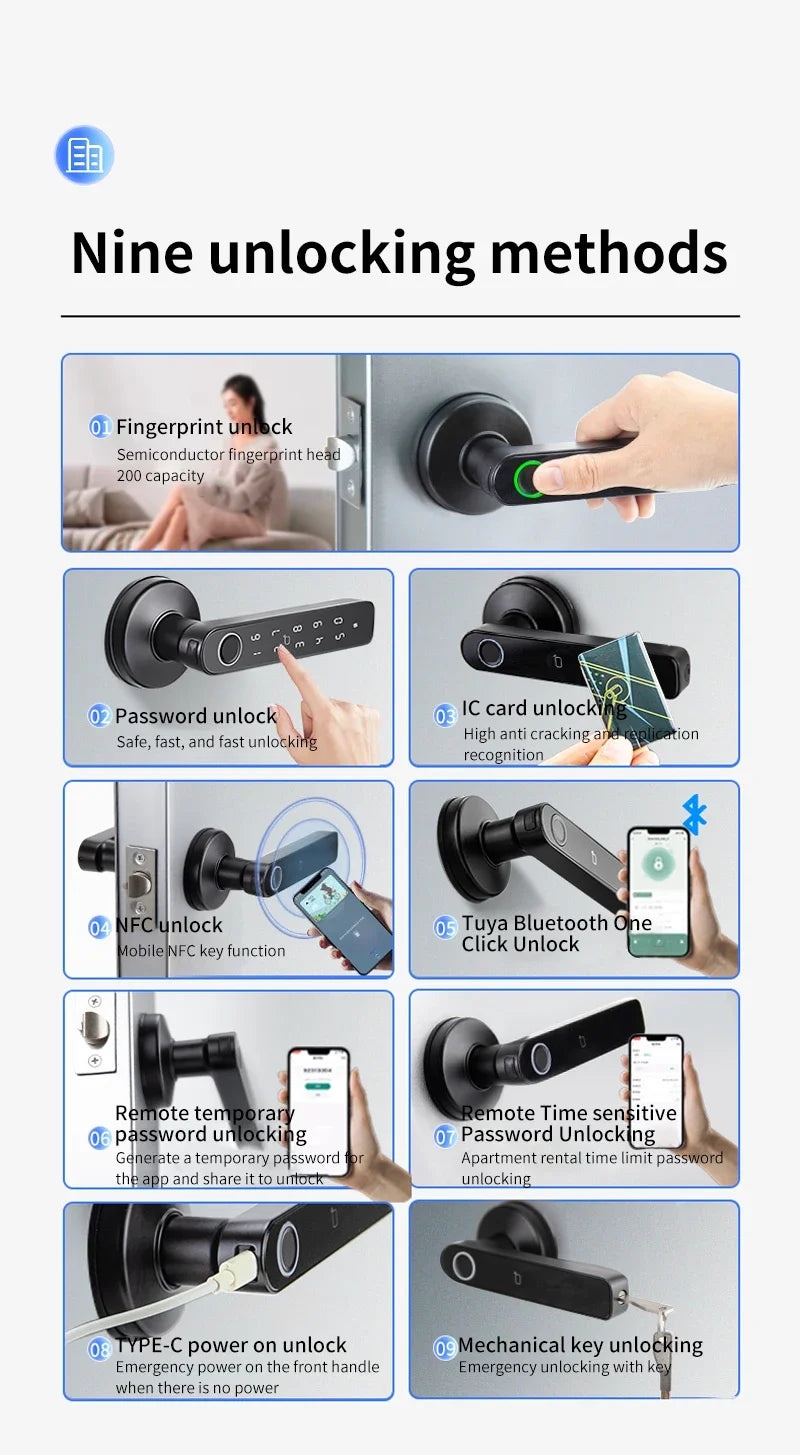 Tuya App Bluetooth Smart Fingerprint Door Lock Password Mechanical Key NFC Unlocking For Wooden Door Handle Lock IP54 Rainproof