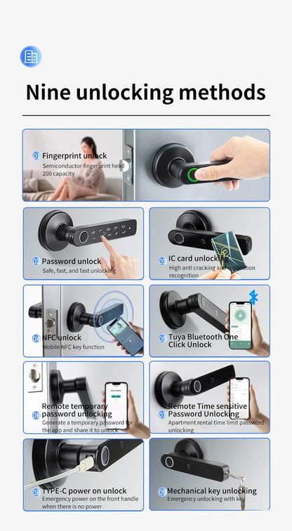 Tuya App Bluetooth Smart Fingerprint Door Lock Password Mechanical Key NFC Unlocking For Wooden Door Handle Lock IP54 Rainproof