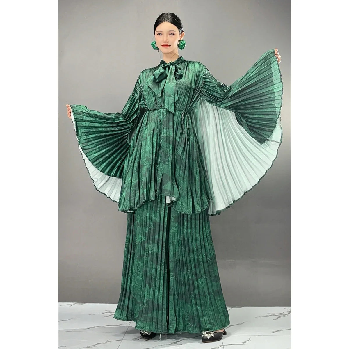 Two Pieces Chinese Style Wide Leg Pants Set Female Full Sleeve Blouse+Matching Trousers Suit Elegant Casual Matching Kit