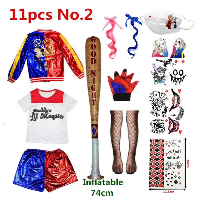 Harley Quinn Cosplay Suicide Squad Harleen Quinzel Kids Girls T-Shirt Joker Jacket Halloween Costume
