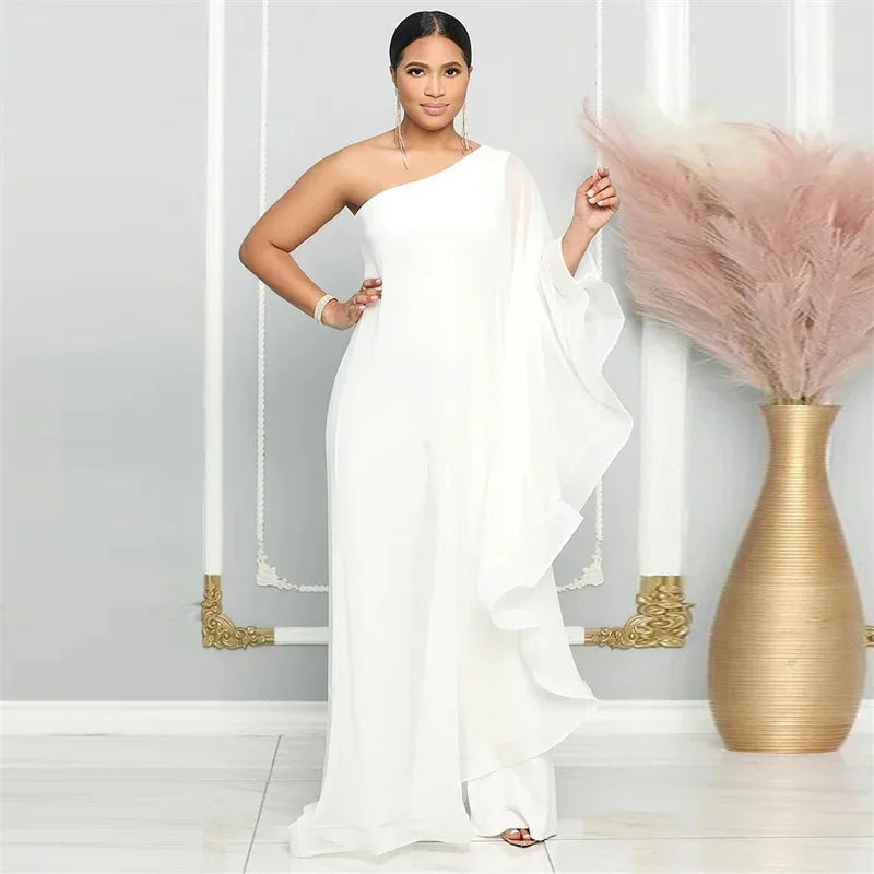 Elegant Chiffon One Shoulder Wide Leg Jumpsuit Women Club Party Birthday Outfits One Pieces Rompers Overalls Combinaison Femme