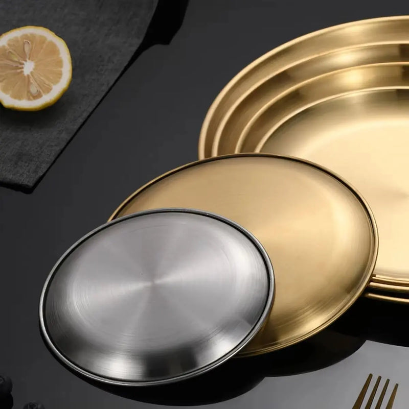 4Pcs Stainless Steel Round Plate Bone Spitting Dish Shallow Tray Metal Camping Plate Dining Disc BBQ Picnic Dishes Cookware