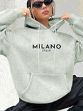 Milano Italy Polyester Hoodie for Women 100% Knit Fabric Alphabet Print Casual Long Sleeve Sweatshirt with Pocket