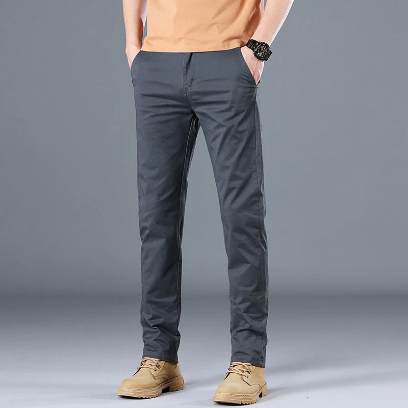 Men's High Quality Pure Cotton Classic Solid Color Casual Pants Business Stretch Slim Straight Brand Trousers Male Autumn New