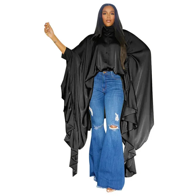 SOMO - Blusa larga plisada con mangas murciélago para mujer, tallas grandes, manga larga, blusa irregular, talla única, descarga gratuita, envío directo, 2023 