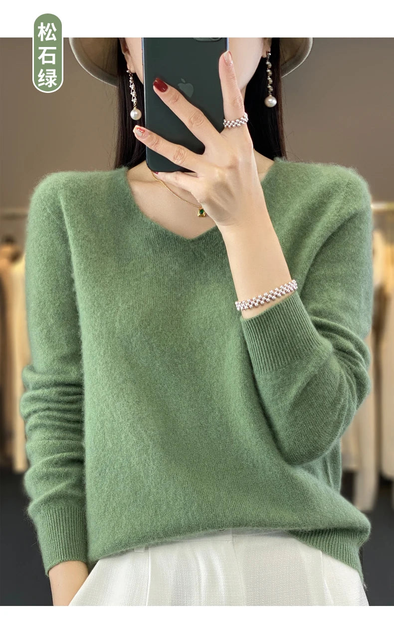 Suéter básico de otoño-invierno 2024 para mujer, 100 % lana merino, cuello en V, tejido de punto liso, jersey de oficina para mujer, manga larga, cachemir.