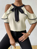 Womens Plus Size Casual Summer Shirt Off Shoulder Round Neck Solid Color Top Machine Washable Lightweight Blouse for Casual