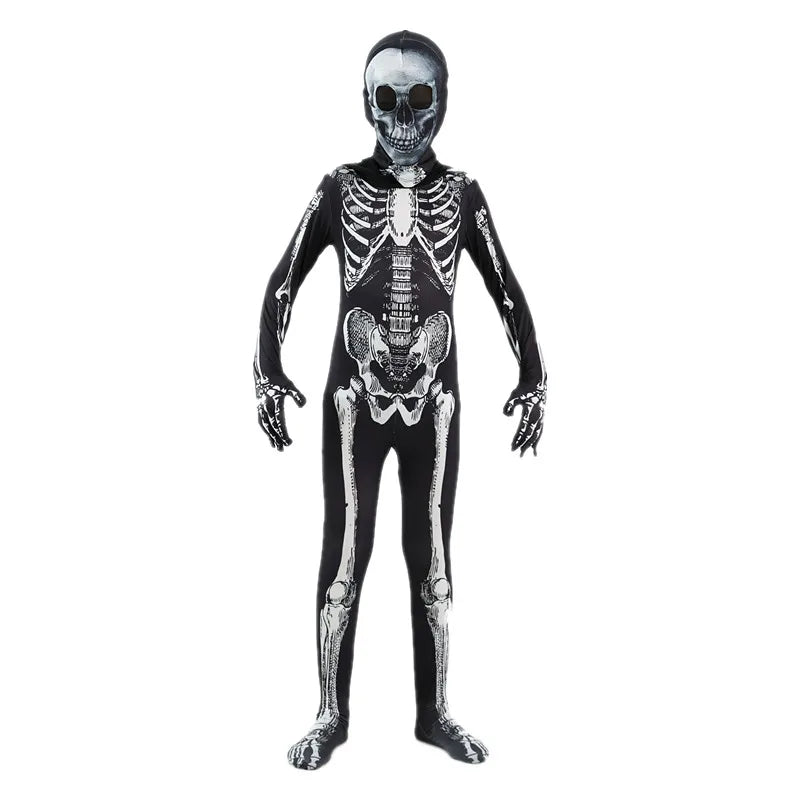 Scary Halloween Horror Kids Hooded Costume Scary Skeleton Grim Reaper Costume Boys Spooky Costume Mardi Gras Party Costume