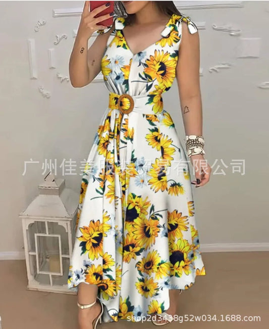 Womens Dresses 2024 Summer Fashion Sunflower Print Lace Up Casual V-Neck Sleeveless Daily Long Dress with Belt