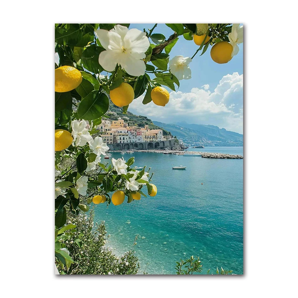 Retro Mediterranean Greece Landscape Poster Canvas Painting Wall Art Pictures Home Decoration Italian Lemon Orange Olive Tree