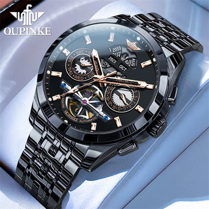OUPINKE 3251 Skeleton Flywheel Automatic Watch for Men Stainless Steel Waterproof Wristwatch Luxury Sapphire Mirror Men's Watch