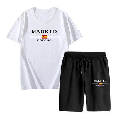 Madrid Spain Pattern T-shirts 2pcs Set High Quality Pure Cotton Tops and Quick Dry Shorts Mens Casual Sports Football Suits