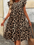 Women's Plus Size Leopard Print Dress - Elegant Ruffle Hem Crew Neck Flutter Sleeves Stretchy Polyester Blend, Perfect for Sp