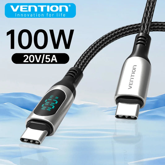 Vention 100W USB Type C Cable Fast Charging USB C Charger Cord For iPhone 15 14 13 12 Huawei with LED Digital Display Cables