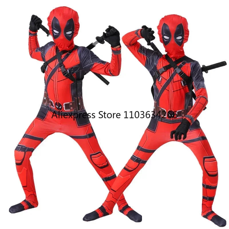Adult Deadpool Costume Men Women Kids Cosplay Mask Suit Jumpsuit Backpack Knife Accessories Superhero Halloween Costume Child