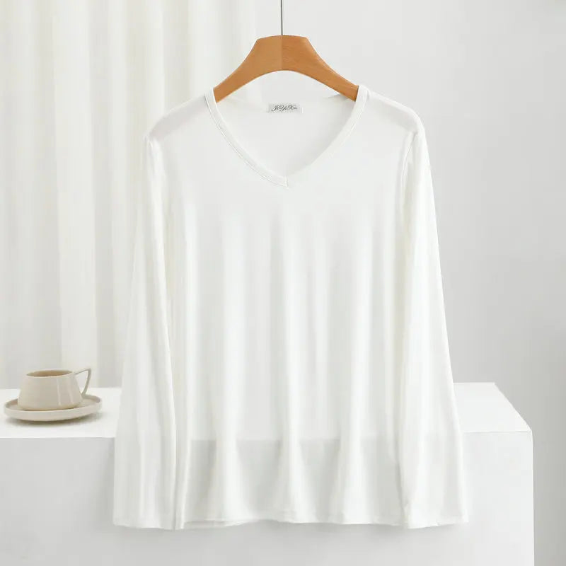 Modal Bottoming Tshirt Long sleeves thin Mask T-shirts Solid color V-Neck Base Tee Tops Plus size loose undershirt all match