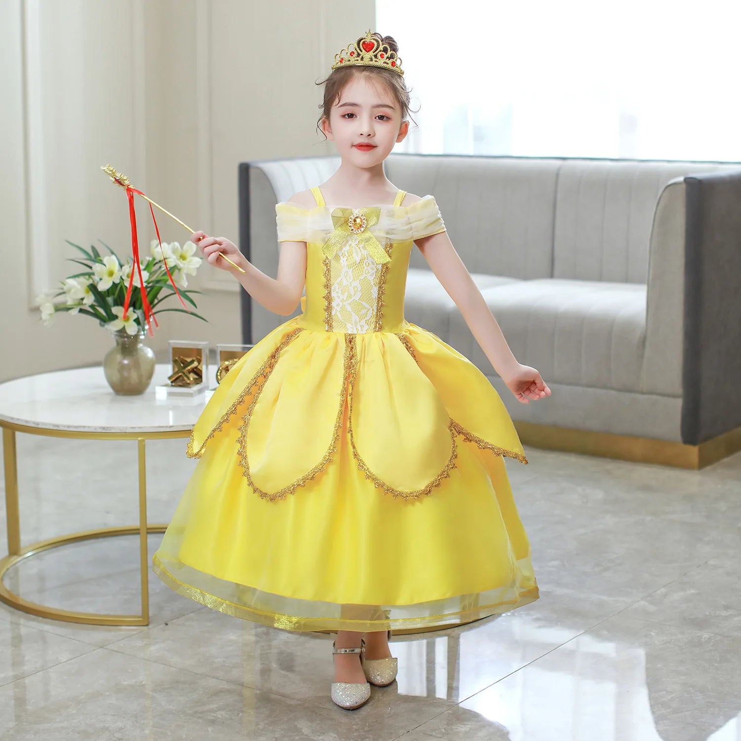 2025 Cosplay Belle Princess Dress Girls Dresses For Beauty and beast Party Clothing Magic stick crown Costume 3-12Y