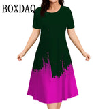 Women Plus Size Summer Dresses 3D Gradient Printed Short Sleeve Loose A-Line Dress Oversized Women Clothing Elegant Ladies Dress