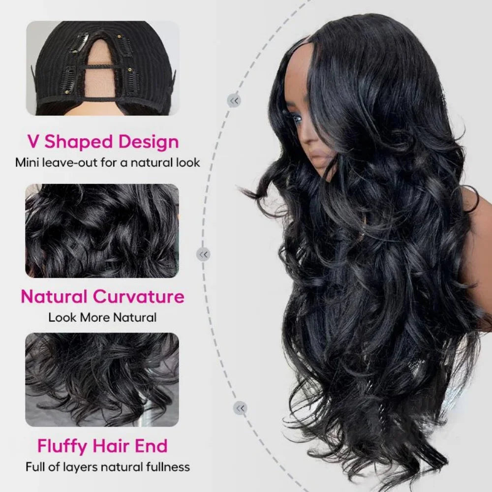 Peruca V-part cabelo humano ondeulado body wave-sem cola glueless