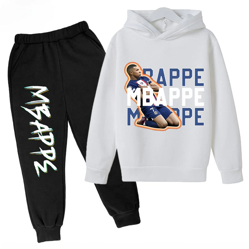 Conjunto de sudadera con capucha para niños, conjunto de sudadera y pantalones con estampado de Mbappe, ropa deportiva de 2 piezas para niños y niñas, primavera y otoño