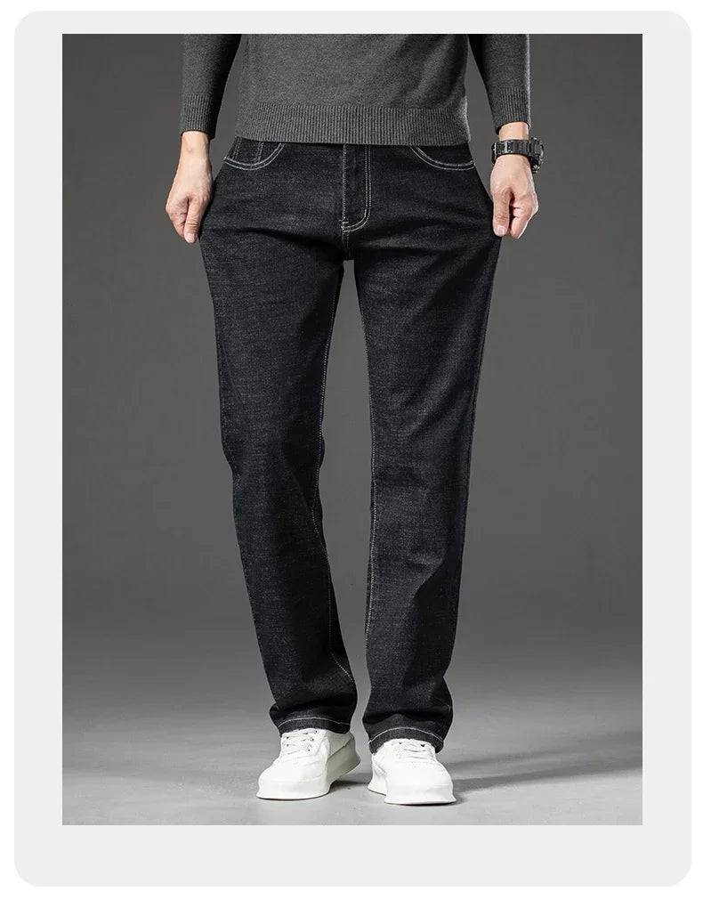 2025 Spring Autumn Men's Straight Jeans Denim Pants Classic Style Business Stretch Casual Trousers Large Size 40 42 44 46