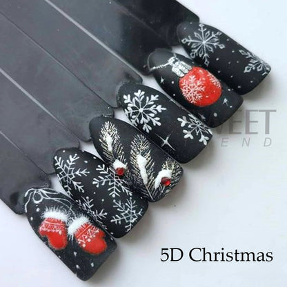 5D Red Christmas Nail Stickers Glitter Embossed Snowflake Gloves Feather Bulb Bells Winter Xmas DIY Engraved Manicure Decoration