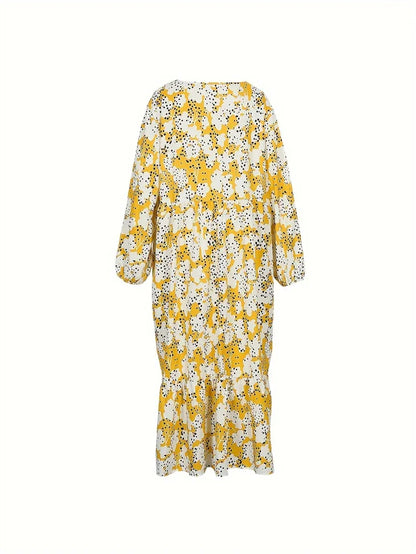 Plus size feminino floral impressão lanterna manga espartilho vestido primavera verão nova manga longa com decote em v vestidos longos