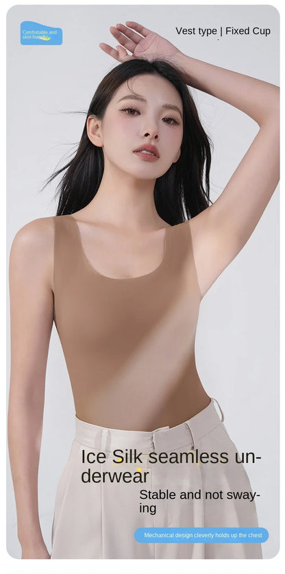 2 piezas/lote de camiseta sin mangas de seda sin costuras con almohadilla fija en el pecho para mujer, camisola sin mangas, ropa interior exterior, camisola de verano de alta elasticidad