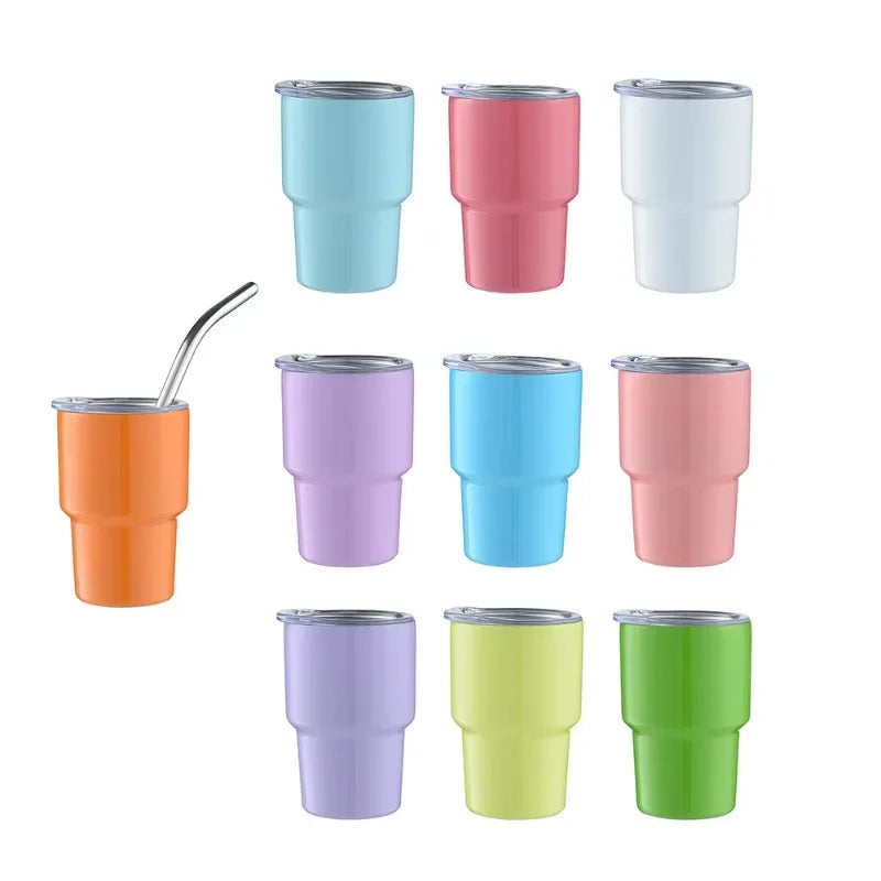 Mini vasos de 3oz con tapa y pajita, botellas de agua de sublimación de acero inoxidable, vasos de chupito de Metal, artículos para beber para verano e invierno, 1 ud.
