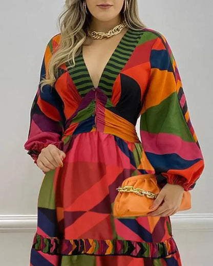 Vestido de estilo urbano para mujer, novedad de verano 2024, informal, con escote en V, estampado geométrico, mangas farol, falda larga con botones