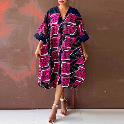 Plus Size 5XL Women Dress 2024 VONDA Summer V Neck Party Sundress Sexy Half Sleeve Bohemian Printed Dress Vestidos Loose Robe