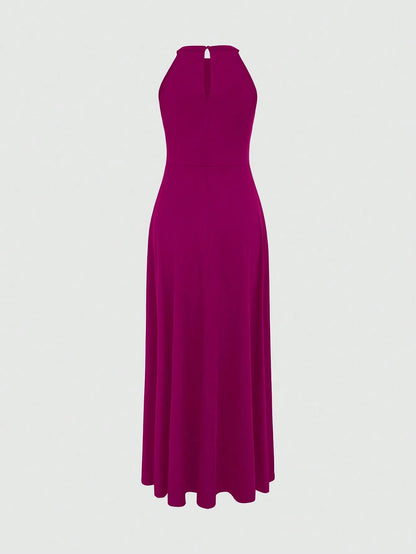 Solid Color High Neck Side Slit Long Evening Gown for Women - Slimming Elegant Formal Dress for Banquets and Parties