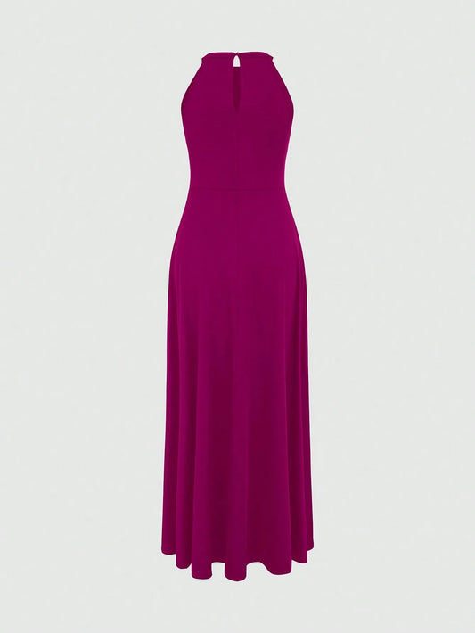 Solid Color High Neck Side Slit Long Evening Gown for Women - Slimming Elegant Formal Dress for Banquets and Parties
