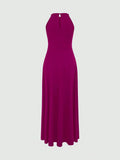 Solid Color High Neck Side Slit Long Evening Gown for Women - Slimming Elegant Formal Dress for Banquets and Parties