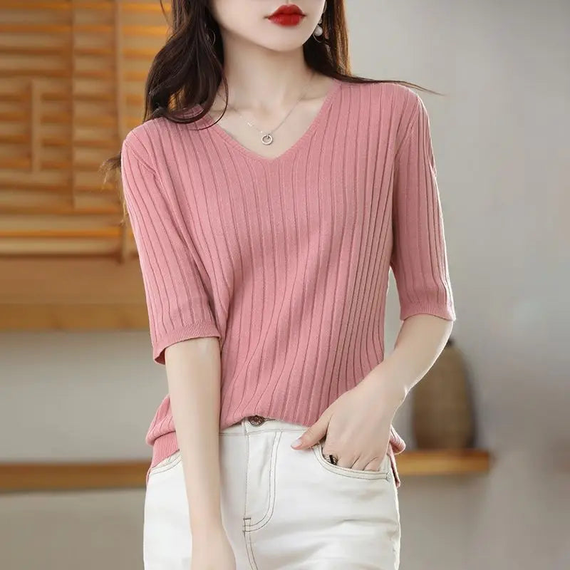 2023 New Spring Summer New Women's V-neck Short-Sleeved Exquisite Cashmere Knitted Sweater Pullover Solid Color