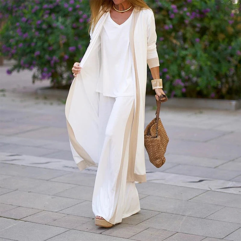 Solid Loose Spring Autumn Casual Three Piece Set Women's Office V-Neck Matching Suit Female Straight Pants Streetwear 3Pc Suit