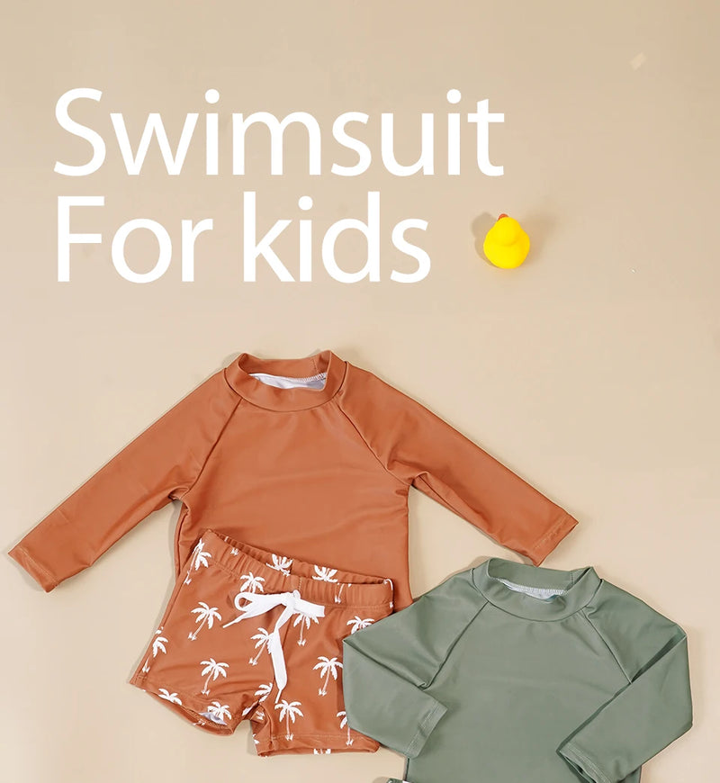 Summer Baby-Boys Toddler Long Sleeved Rashguard Swim Bathing Suit Set Long Sleeve Round Collar Sunscreen Swimsuit