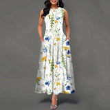 Women's V-neck Sleeveless Long Dress Retro Bohemian Dresses Floral Print Swing Casual New 