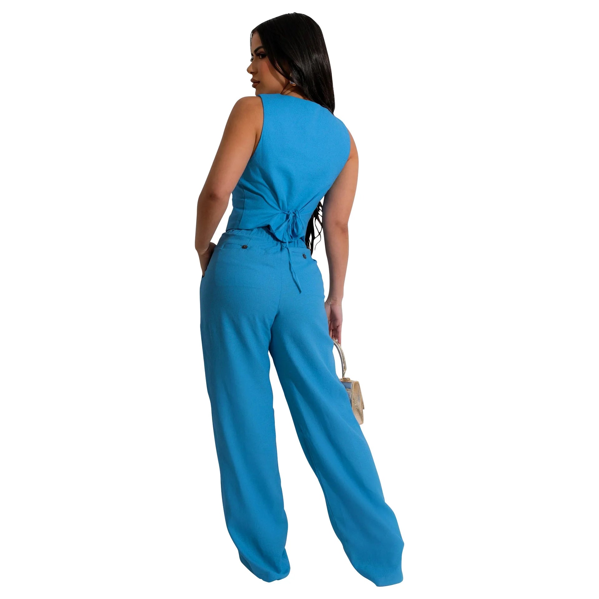 Fashion Sleeveless Vest Pants Women's Solid Color Suit Spring Summer V-Neck Ultra Short Top + Slim Pants Female Office 2 Piece Set