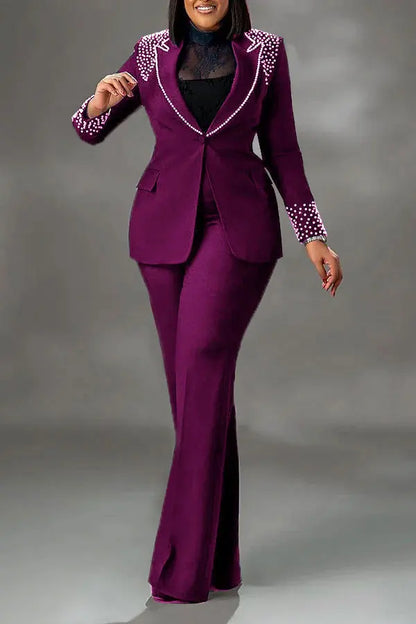 CM.YAYA Conjunto de dos piezas de chaqueta de manga larga y pantalón ancho para mujer, con empalme de perlas, para invierno y otoño de 2024