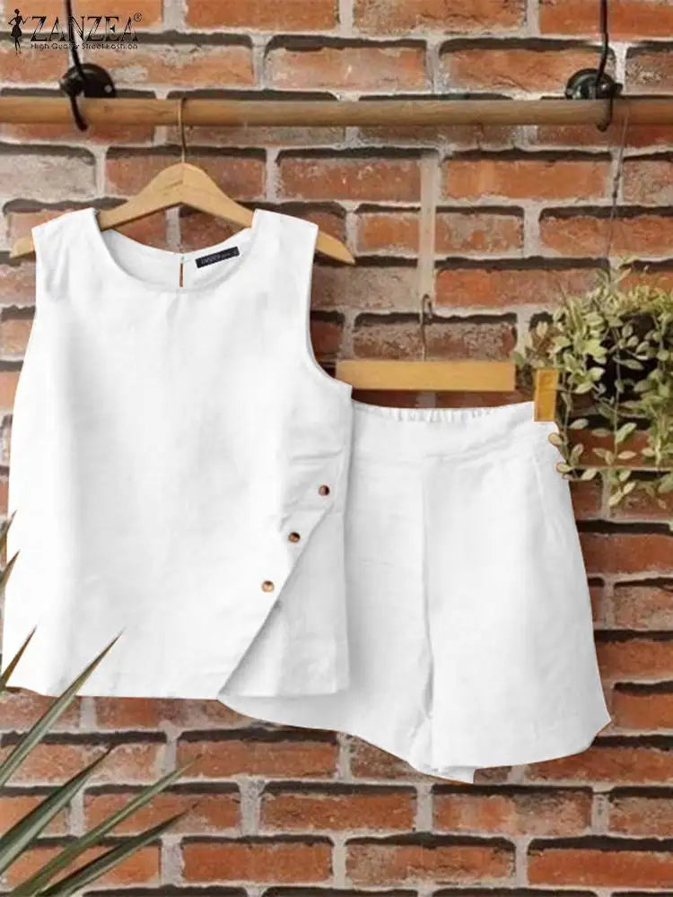 ZANZEA-trajes a juego de moda para mujer, 2 uds., chándal liso, conjuntos cortos sexis con bolsillo, pantalones cortos informales holgados sin mangas y pantalones cortos
