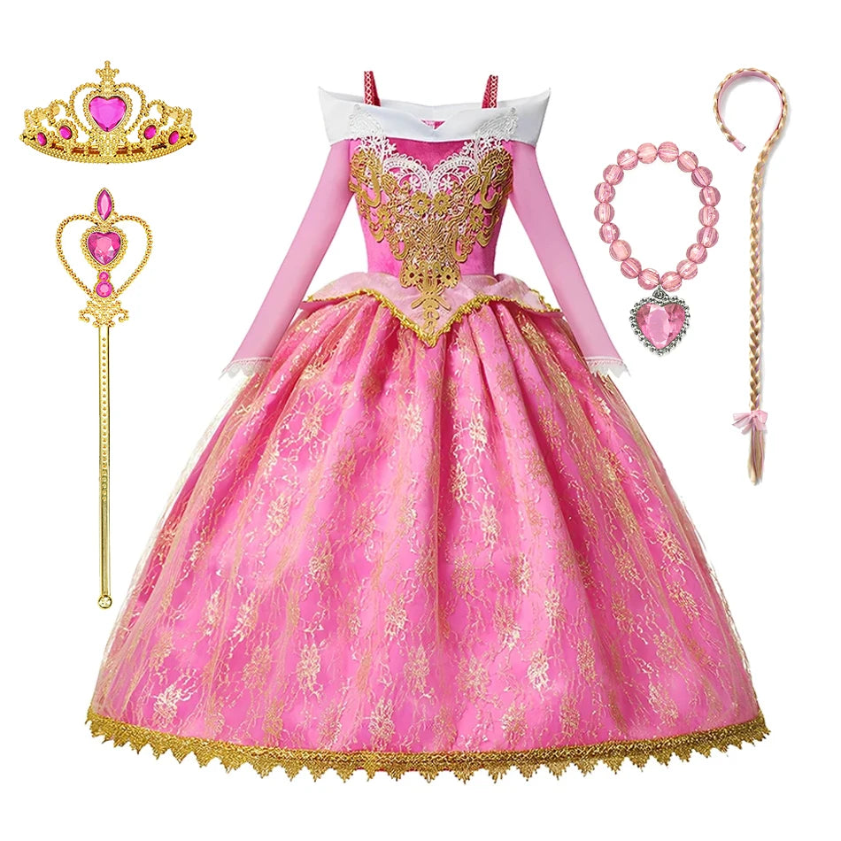 Girls Sleeping Beauty Aurora Cosplay Princess Dress Kids Rapunzel Frozen Elsa Cinderella Costume Party Clothing 2-10 Years