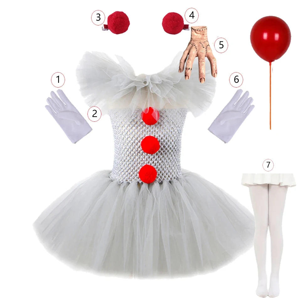 Halloween Costume For Kids Gray Girls Tutu Dress Kids Cosplay Scary Clown Costume Carnival Masquerade Party Dress Up 3-12Y